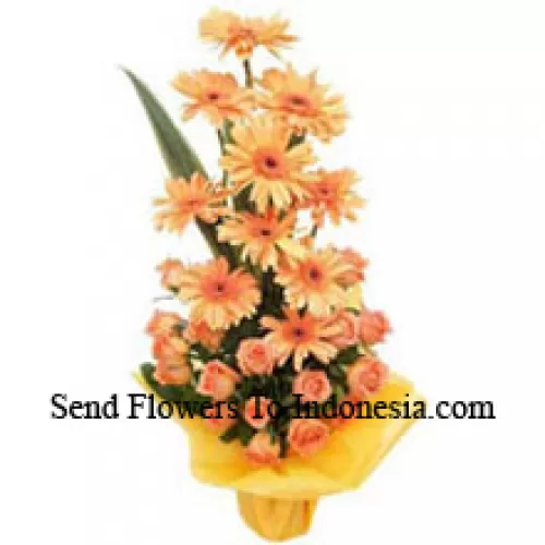 Basket Of Orange Gerberas and Orange Roses