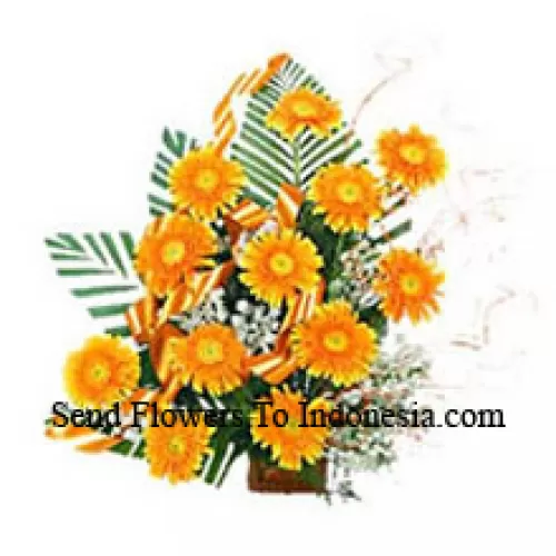 Basket Of 12 Yellow Colored Gerberas With Fillers