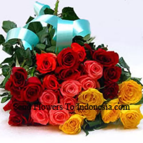 Bouquet de 12 roses rouges, 6 jaunes et 6 roses roses