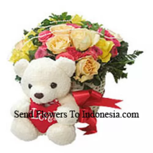 Basket Of 24 Mixed Colored Roses With A Medium Sized Cute Teddy Bear