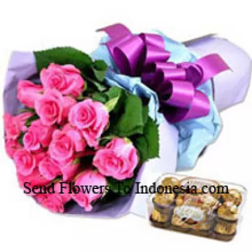 Bunch Of 12 Pink Roses With 16 Pcs Ferrero Rocher