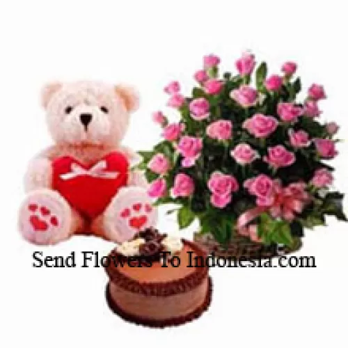 Cesta de 24 rosas rosadas, oso de peluche de 1.5 pies y pastel de trufa de chocolate de 1 kg (Tenga en cuenta que la entrega de pasteles solo está disponible para la región de Metro Manila. Cualquier pedido de entrega de pasteles fuera de Metro Manila se sustituirá por un pastel de brownie de chocolate sin crema o se ofrecerá al destinatario un vale de Red Ribbon suficiente para comprar el mismo pastel)