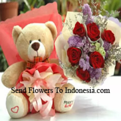 Bunch Of 6 Red Roses And A Medium Sized Cute Teddy Bear