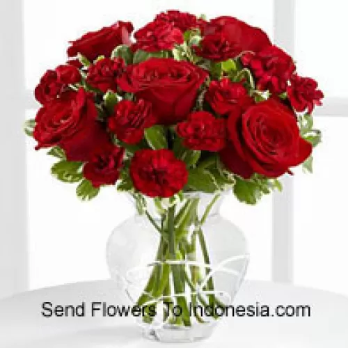 9 Red Roses And 9 Red Carnations In A Glass Vase