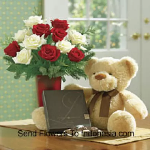 6 Red And 6 White Roses With Some Ferns In A Vase, A Cute Light Brown 10 Inches Teddy Bear And A Box Of Chocolates