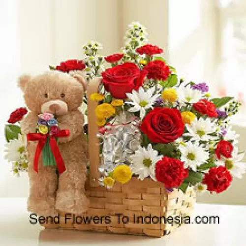 Basket Of Assorted Flowers And A Cute Brown 6 Inches Teddy Bear