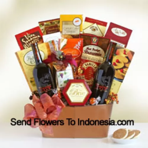 This Gift Basket has a bottle of Cabernet Sauvignon (Red Wine), a bottle of Merlot (Red Wine) , biscotti, Lindt truffles, gourmet snack mix, Sonoma cheese straws, cheese, flatbread crisps, cranberry harvest medley, carrot cake cookies, toasted almonds, a hot fudge brownie, vanilla caramels, gourmet popcorn and French vanilla wafer cookies. (Contents of basket including wine may vary by season and delivery location. In case of unavailability of a certain product we will substitute the same with a product of equal or higher value)