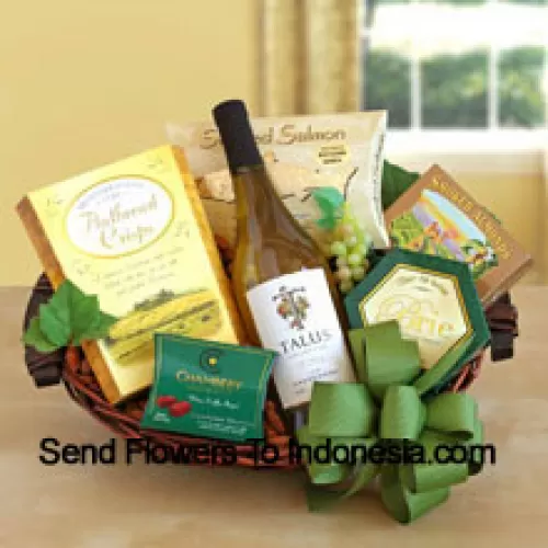 This Gift Basket includes A mouthwatering California white wine paired with a smorgasbord of gourmet snacks. Gourmet snacks include: flatbread crisps, smoked salmon, cheese, smoked almonds and chocolate truffles. (Contents of basket including wine may vary by season and delivery location. In case of unavailability of a certain product we will substitute the same with a product of equal or higher value)