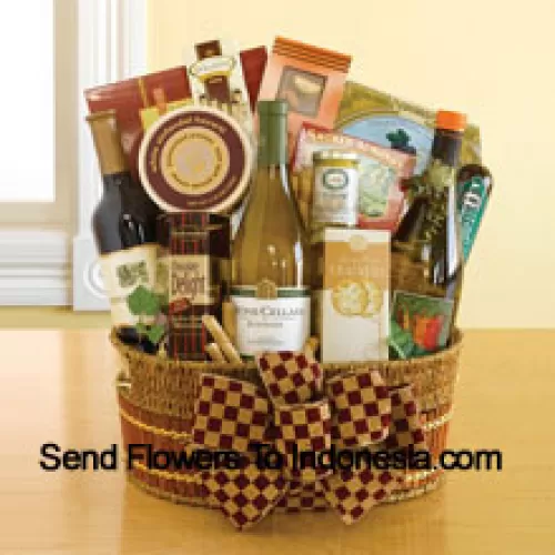 Ce panier-cadeau contient trois bouteilles distinctes de vin (Chardonnay, Sauvignon Blanc et Cabernet). Il comprend également des biscuits anglais au thé, du fromage, des biscuits Dolcetto, des amandes fumées de Californie, des croustilles de focaccia, du salami, de la moutarde de Napa Valley, des biscotti et des carrés de chocolat Ghirardelli. (Le contenu du panier, y compris le vin, peut varier en fonction de la saison et du lieu de livraison. En cas de non disponibilité d'un certain produit, nous le substituerons par un produit de valeur égale ou supérieure)