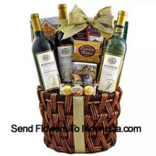 This Gift Basket includes Beringer California Collection Cabernet Sauvignon Red Wine, Beringer California Collection Merlot Red Wine, Beringer California Collection Pinot Grigio White Wine, Ghirardelli chocolate, Ferrero Rocher fine hazelnut chocolates, Napa Valley honey mustard sourdough nuggets, Cashew Roca buttercrunch toffee with chocolate and cashews, Rademaker raspberry chocolate sticks, JM Morgans licorice petites And Fancy mixed nuts in a gift tin. (Contents of basket including wine may vary by season and delivery location. In case of unavailability of a certain product we will substitute the same with a product of equal or higher value)