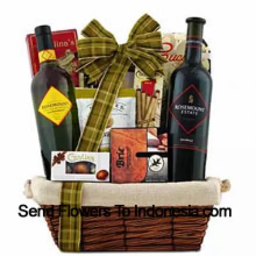 This Gift Basket includes Rosemount Estate Black Diamond Label Shiraz Red Wine, Rosemount Estate Chardonnay White Wine, Brie cheese spread, Three pepper blend crackers, Olive oil cucina chips, Guylian Belgian chocolate shells, Angelina’s sweet butter cookies, Dolcetto filled wafer roll And Feridies extra-large gourmet Virginia peanuts. (Contents of basket including wine may vary by season and delivery location. In case of unavailability of a certain product we will substitute the same with a product of equal or higher value)