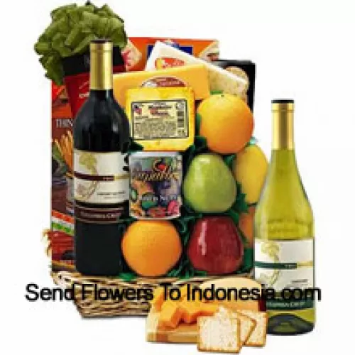 This Gift Basket includes Columbia-Crest cabernet sauvignon red wine, Columbia-Crest Chardonnay white wine, 6 pieces of orchard fresh fruit, Monterey Jack cheese, Colby Cheddar, Muenster cheeses, Barber cream crackers, Monet crispy crackers, Imported traditional Italian breadsticks, Salem Baking Co. cheese straws, Chio stickletti pretzel sticks and Deluxe mixed nuts in a gift tin. (Contents of basket including wine may vary by season and delivery location. In case of unavailability of a certain product we will substitute the same with a product of equal or higher value)