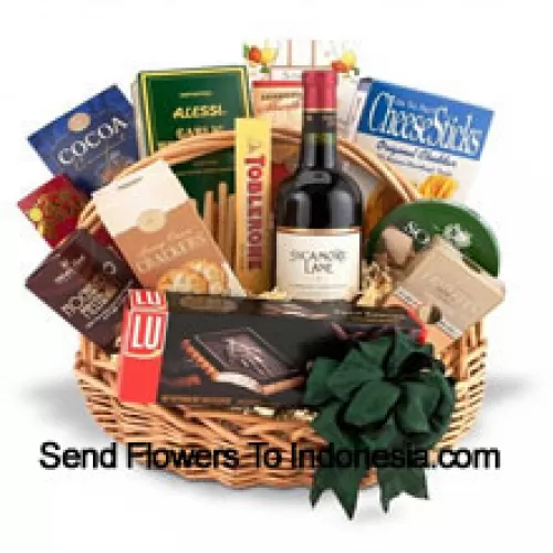 This Gift Basket includes a bottle of red wine accompanied by a wonderful assortment of gourmet foods. The gourmet foods include Variety of crackers, Delicious cheese, Nuts, Confections, Savory Snacks and Tea or Coffee. (Contents of basket including wine may vary by season and delivery location. In case of unavailability of a certain product we will substitute the same with a product of equal or higher value)