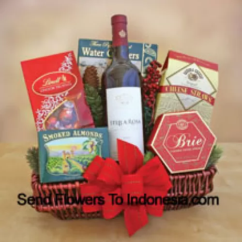 This beautiful Gift basket includes a bottle of California cabernet sauvignon, savory smoked almonds, cheese, water crackers, crisp cheese straws and Lindt chocolate truffles. (Contents of basket including wine may vary by season and delivery location. In case of unavailability of a certain product we will substitute the same with a product of equal or higher value)