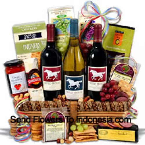 Acest coș cadou include Wild Horse - Cabernet Sauvignon - 750ml, Wild Horse - Chardonnay - 750ml, Wild Horse - Merlot - 750ml, Hors Doeuvre Deli Style Crackers de la Partners, Brânză afumată cu hickory și arțar de la Sugarbush Farm, Salam uscat ambalat de Sparrer Sausage Co, Bruschetta cu roșii de la Elki, Biscuiti cu vin roșu de la American Vintage, Biscuiti cu vin alb de la American Vintage, Măsline Nicoise de la Barnier, Caju și Mix de nuci Boulder. (Conținutul coșului, inclusiv vinul, poate varia în funcție de sezon și locația de livrare. În cazul în care un anumit produs nu este disponibil, vom înlocui acesta cu un produs de valoare egală sau mai mare)