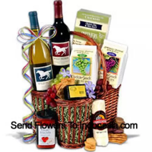 This Gift Basket Includes Wild Horse - Cabernet Sauvignon - 750ml, Wild Horse - Chardonnay - 750ml, Hors Doeuvre Deli Style Crackers by Partners, Hickory & Maple Smoked Cheese by Sugarbush Farm, Butcher Wrapped Summer Sausage by Sparrer Sausage Co, Tomato Bruschetta by Elki, Red Wine Biscuit by American Vintage and White Wine Biscuit by American Vintage.  (Contents of basket including wine may vary by season and delivery location. In case of unavailability of a certain product we will substitute the same with a product of equal or higher value)