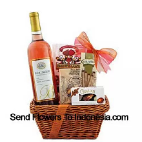 This Gift Basket includes Beringer White Zinfandel Blush Wine, Guylian Belgian chocolate shells, Dolcetto filled wafer rolls, Brent & Sam’s raspberry chocolate chip cookies and East Shore Specialty honey wheat pretzels. (Contents of basket including wine may vary by season and delivery location. In case of unavailability of a certain product we will substitute the same with a product of equal or higher value)