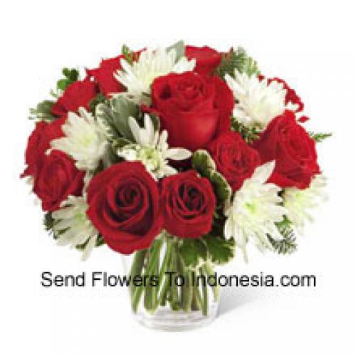 Red Roses and Cute chrysanthemums in Vase