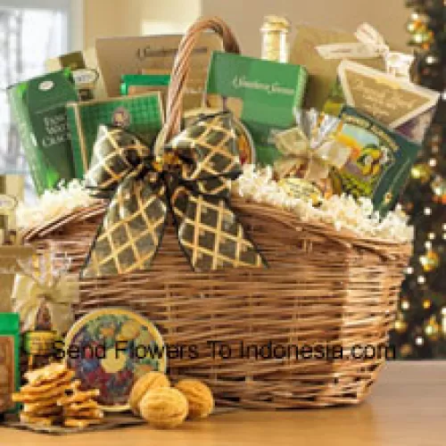 Brighten someone's day with a cheerful sampler of gourmet goodies. Nestled inside this distinctive basket are the finest gourmet treats including Toasted Praline Coffee, Chocolate Wafer Rolls, French Herb Cheese Mix, Fancy Water Crackers, Dutch Gouda Cheese Biscuits, Smoked Almonds, Cashew Brittle, Belgian Chocolates, Mixed Fruit Candies, Cheese Lover's Pub Mix, Golden Walnut Caramel Cookies, Sisters Green Tea and non-alcoholic Sparkling Apple Cider. (Please Note That We Reserve The Right To Substitute Any Product With A Suitable Product Of Equal Value In Case Of Non-Availability Of A Certain Product)