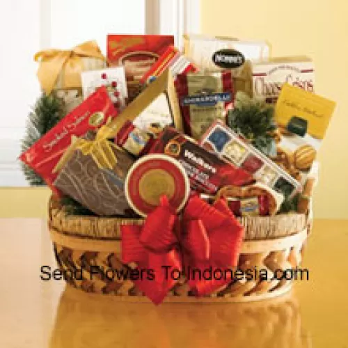 This special Gourmet Gift Basket comes packed with a sweet and savory selection of gourmet snacks that are all ready to eat and be enjoyed. She will be pleased with the great selection inside: pesto havarti cheese, smoked salmon, caviar, English tea cookies, shortbread cookies, Ghirardelli chocolates, biscotti, toffee almonds, Ghirardelli squares, Jelly Belly jelly beans, chocolate cheese sticks, chocolate caramel cookies and peppermint popcorn. (Please Note That We Reserve The Right To Substitute Any Product With A Suitable Product Of Equal Value In Case Of Non-Availability Of A Certain Product)