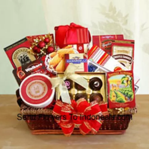 Envoyez vos vœux de joyeuses fêtes à tout le monde sur votre liste de cadeaux cette année avec notre panier-cadeau gourmet conçu spécialement pour l'occasion. Notre délicieux panier plateau contient des biscuits sablés de Noël de Walker, un assortiment de chocolats Ghirardelli, des bonbons Jelly Belly, des bretzels au toffee au beurre, des biscuits truffe, des torsades au fromage, des amandes fumées, du fromage, des biscuits au thé anglais, des craquelins et une tablette de chocolat Ghirardelli. La variété en fait le cadeau parfait lorsque vous voulez vous assurer qu'il y a quelque chose pour tout le monde à apprécier. Ils adoreront la présentation élégante avec un gros nœud à l'avant, et pourront garder le panier en osier pour l'utiliser longtemps après que la nourriture a été appréciée (Veuillez noter que nous nous réservons le droit de substituer tout produit par un produit approprié de valeur égale en cas de non-disponibilité d'un certain produit)