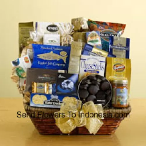 We've packed a wicker basket with a delightful assortment of gourmet foods, all arranged to make a great impression. The recipient is sure to appreciate this gift and will enjoy everything packed inside including tortilla chips, salsa, cheese sticks, brie cheese, water crackers, smoked salmon, pistachios, almonds, popcorn, pretzels, cheese swirls, Jelly Belly jelly beans, assorted Ghirardelli chocolates, wafer cookies, a tin of chocolate-covered sandwich cookies, a bag of Ghirardelli squares, and biscotti. (Please Note That We Reserve The Right To Substitute Any Product With A Suitable Product Of Equal Value In Case Of Non-Availability Of A Certain Product)